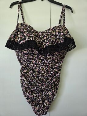 Floral Black Ruffled Women's One Piece Bathing Suit with Crochet Trim